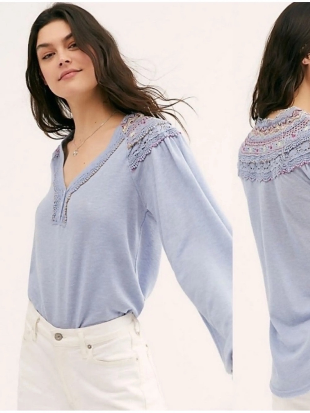 Free People Pale Blue Lace-Yoke V-Neck Long Sleeve Top